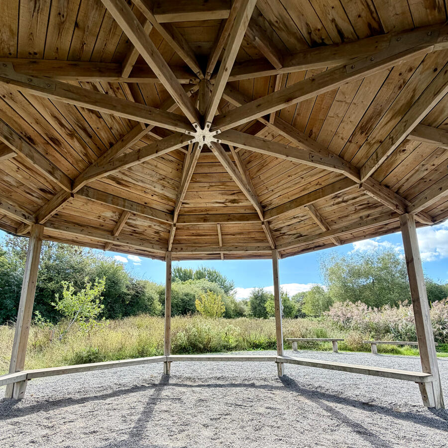 Cosemeston Lakes Country Park View looking outwards from underneath a wooden shelter